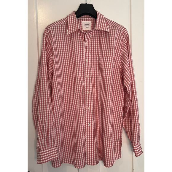 LL Bean Men's Large Red‎ White Check Long Sleeve Button Down Shirt Front Pocket - Picture 1 of 9